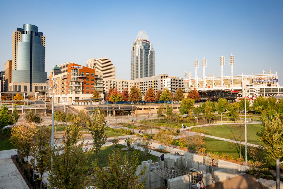 View of Cincinnati Smale Riverfront Park and Banks in fall
